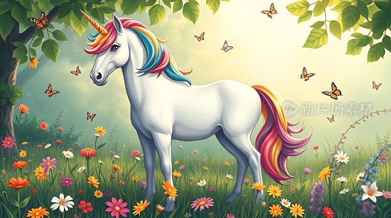 彩虹独角兽在花丛中翩翩起舞