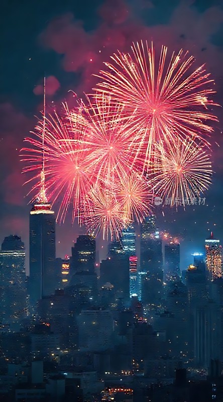 璀璨烟花点亮夜空下的繁华都市