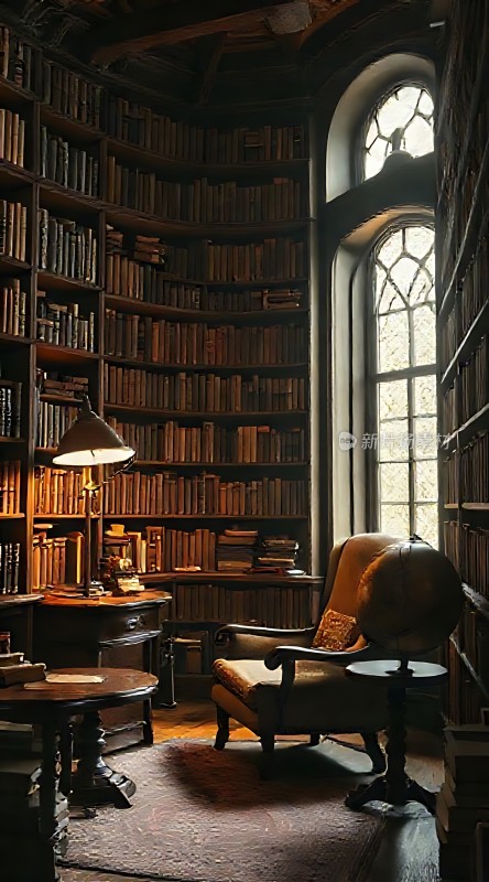 古色古香的书房书架、椅子和台灯