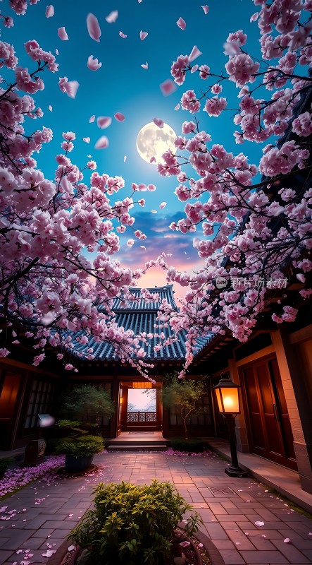 春夜月下樱花雨