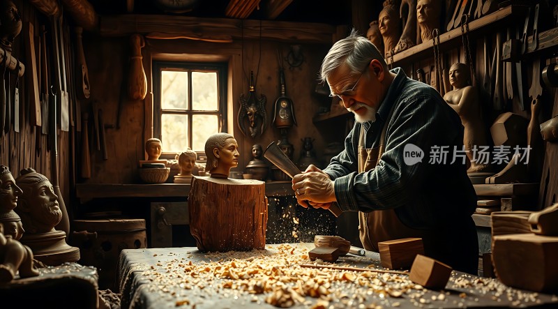 木雕匠人专注雕刻作品