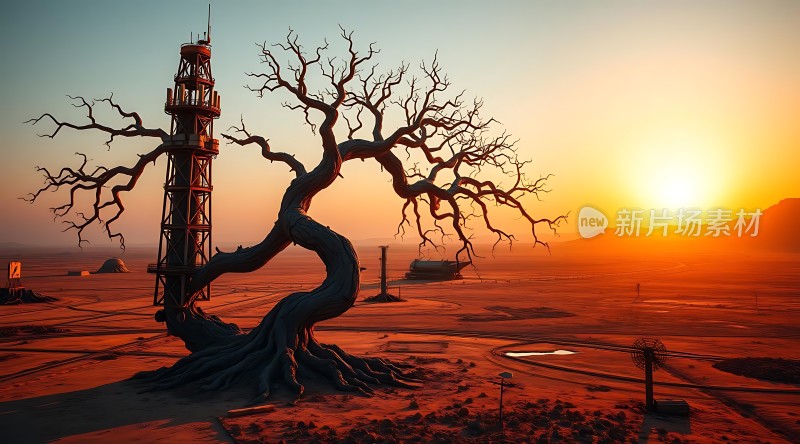 日落下的枯树与钻井架