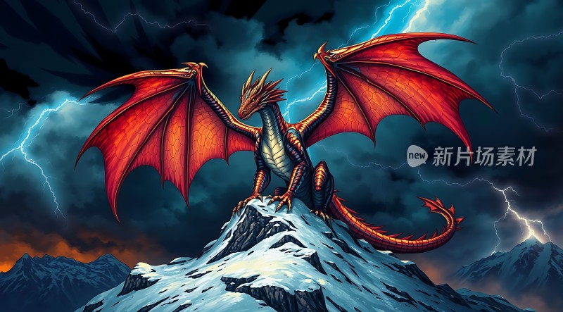 红色巨龙屹立雪峰之上闪电交加的天空下威风凛凛气势磅礴