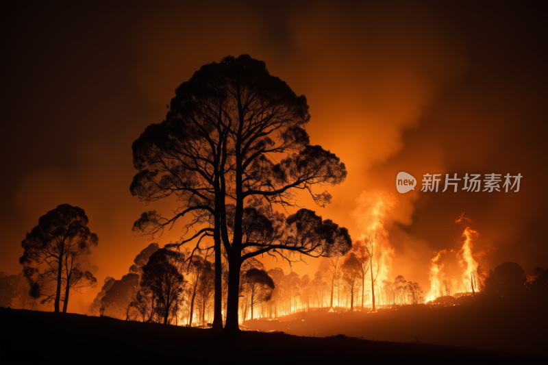 树木在火的前景中黄昏时分高清风景图片