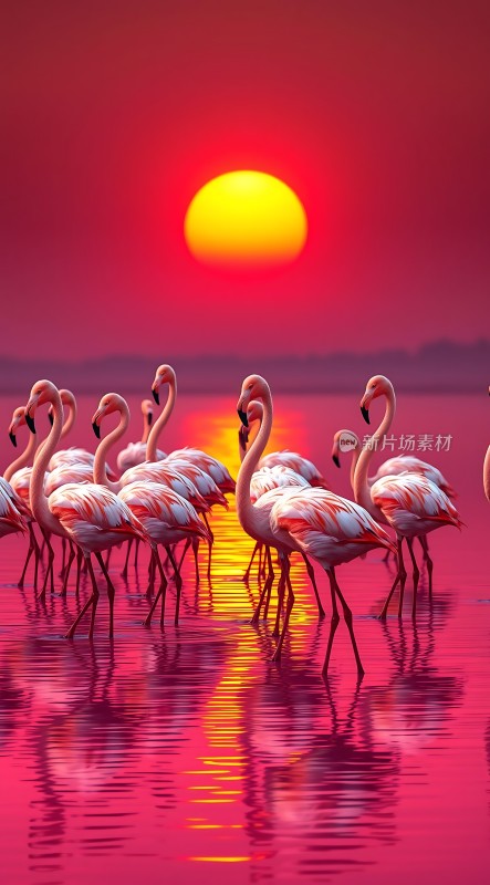 火红夕阳映照下的火烈鸟群