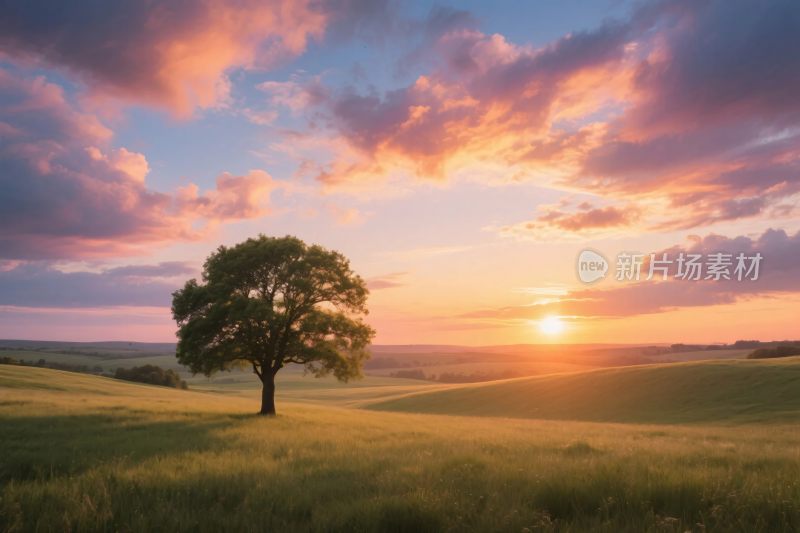 夕阳下的独树田园风景