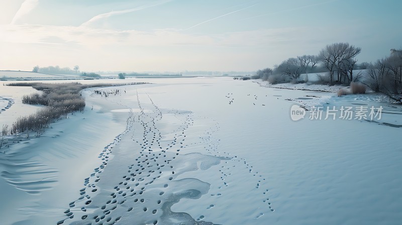 雪地上的足迹与树木
