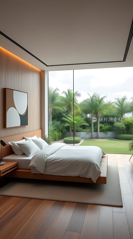 现代卧室落地窗前绿意盎然简约设计宁静舒适