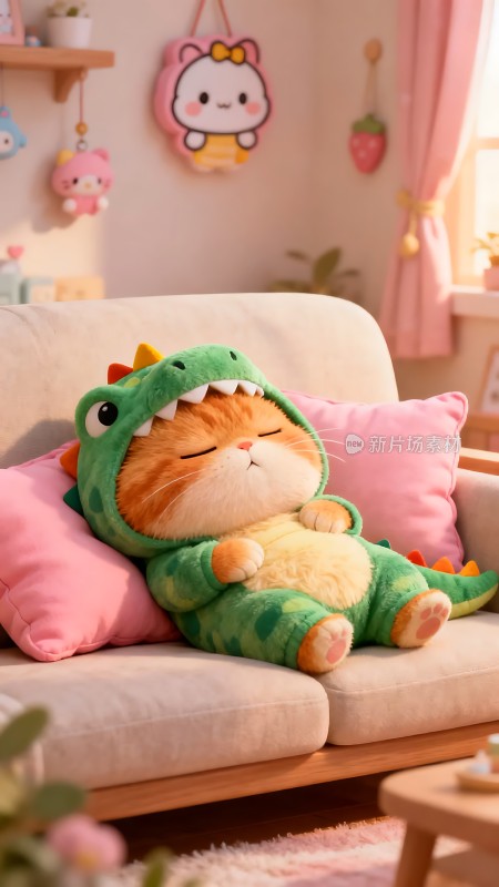 橘猫穿恐龙装慵懒趴沙发