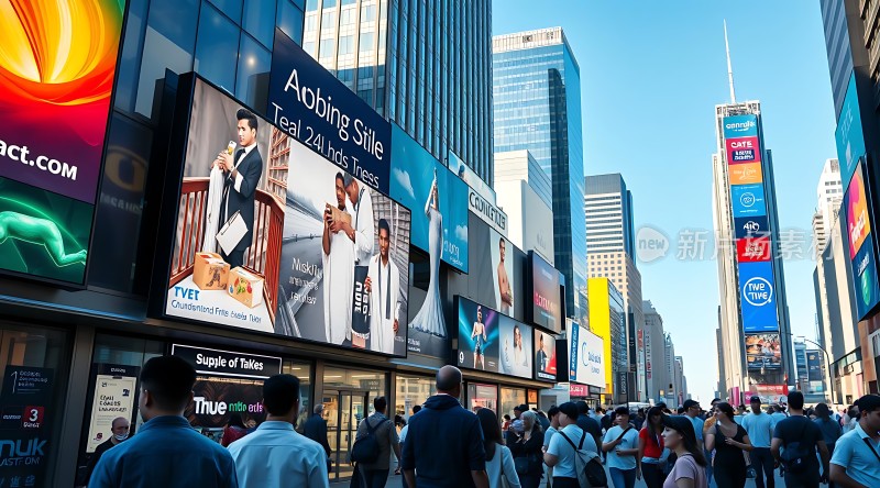 繁华都市街头人群熙攘高楼林立广告牌琳琅满目