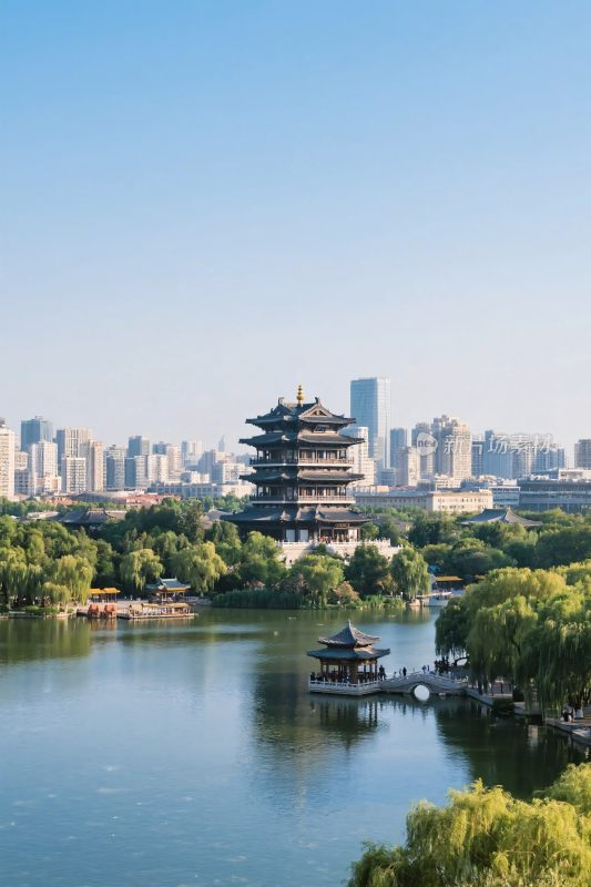 城市古塔湖景风光