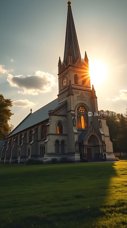 金色阳光下的宏伟教堂