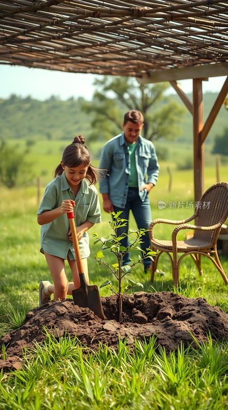 父女合力种树绿意盎然迎春来