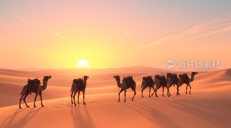 驼队穿越金色沙漠