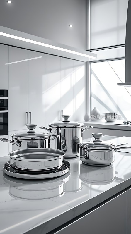 现代厨房不锈钢厨具明亮简约设计