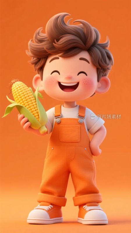 手持玉米的卡通小男孩