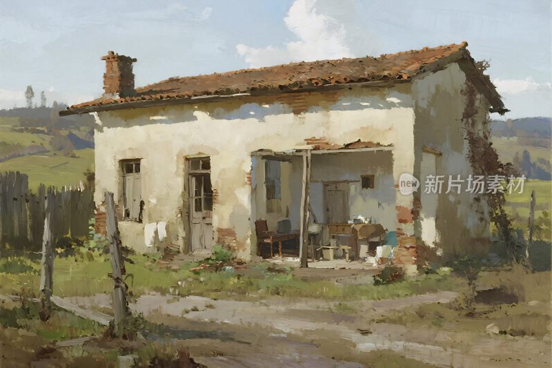 乡村旧屋风景画