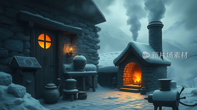 雪夜小屋温馨篝火