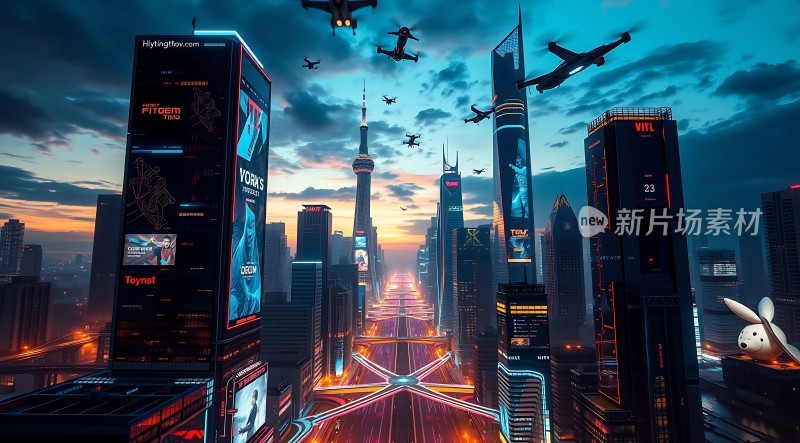 未来都市夜景霓虹闪烁科技感十足