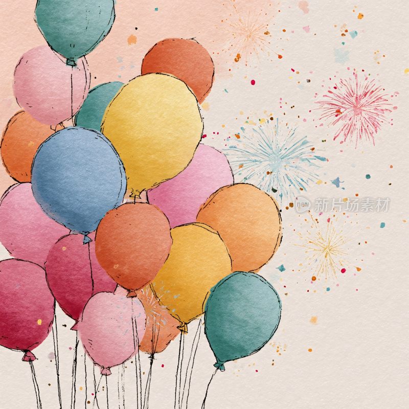 彩色气球与烟花插画