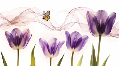 白色背景前紫色的郁金香和蝴蝶的插画