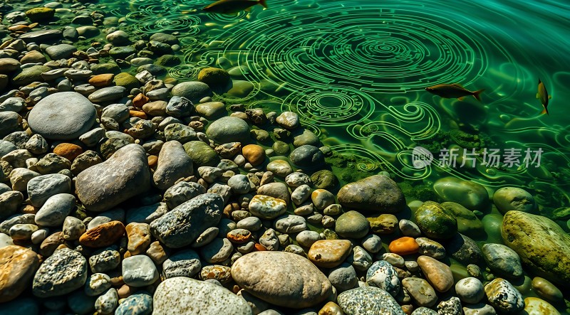 清澈湖畔鱼戏水波轻抚石岸