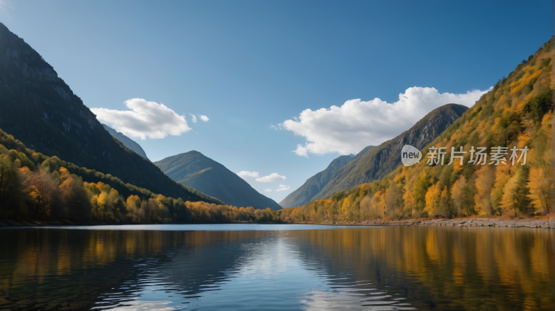 山倒映在树木环绕的湖水中风景图片