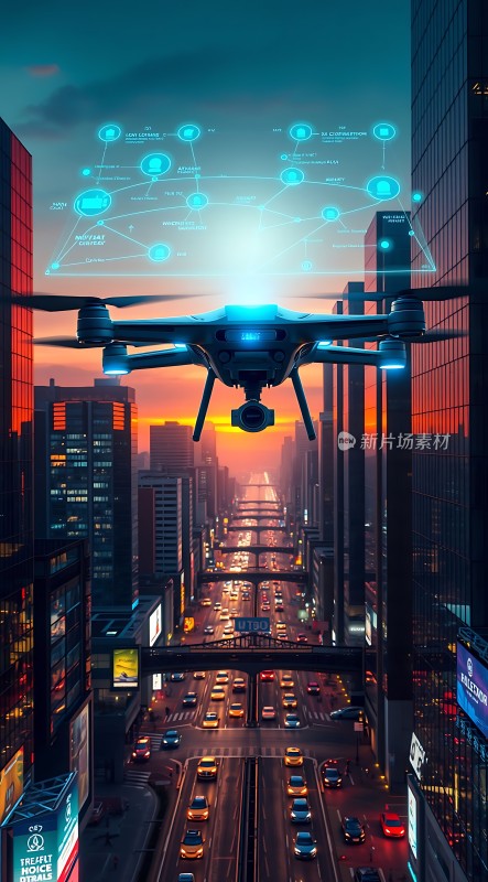 未来之城智能无人机与都市夜色