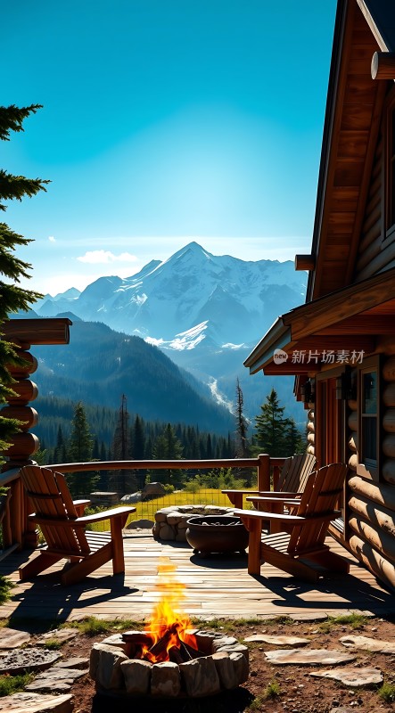 雪山木屋火坑休闲时光