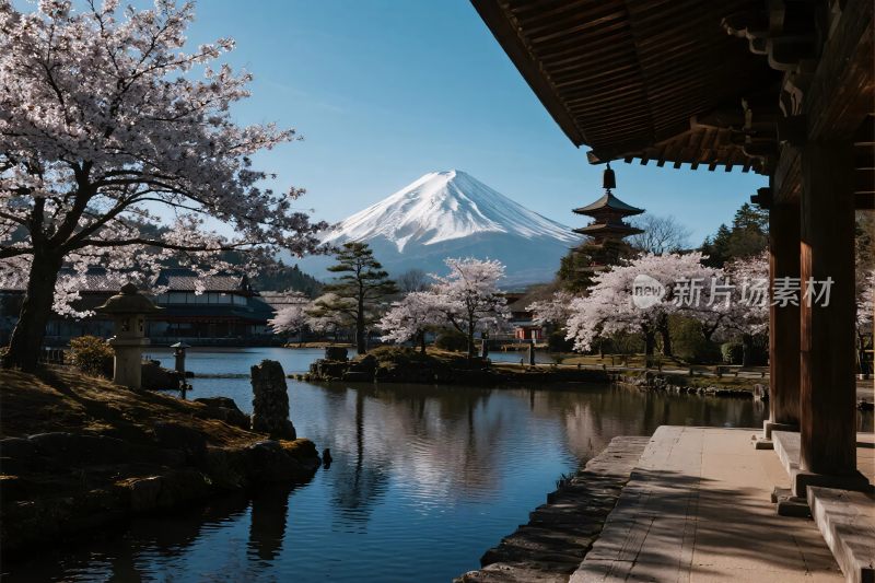 富士山樱花古建风景图