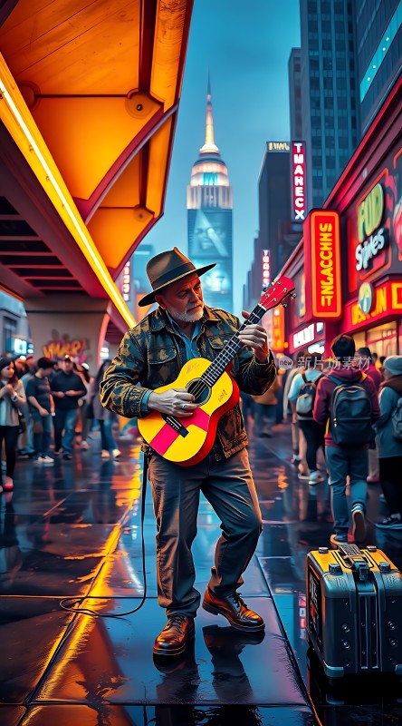 街头吉他手与繁华都市夜景