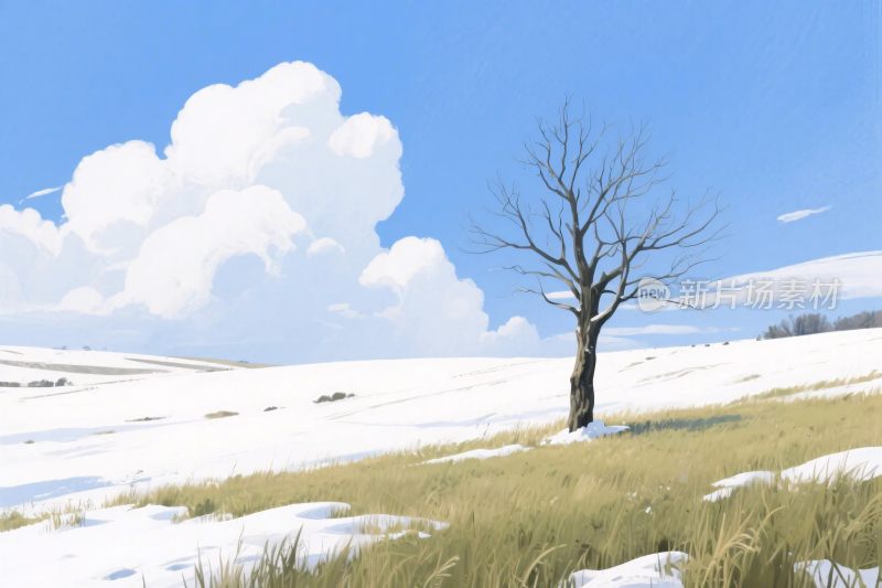 雪地孤树风景插画