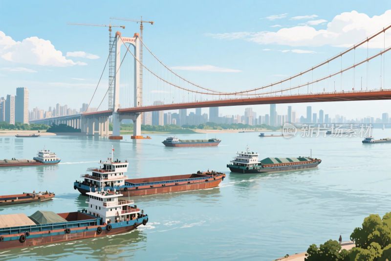 江上大桥与船只风景图