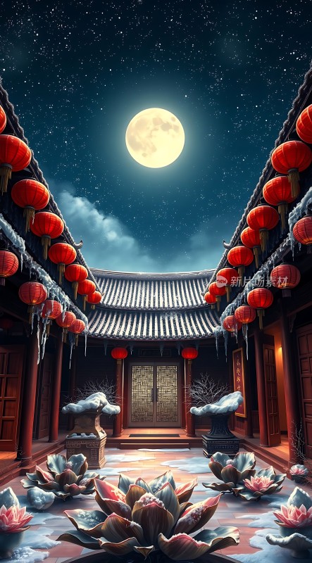 古宅夜月映红灯雪地莲花映月光