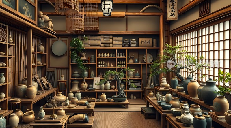 古风陶艺店瓷器与绿植的结合