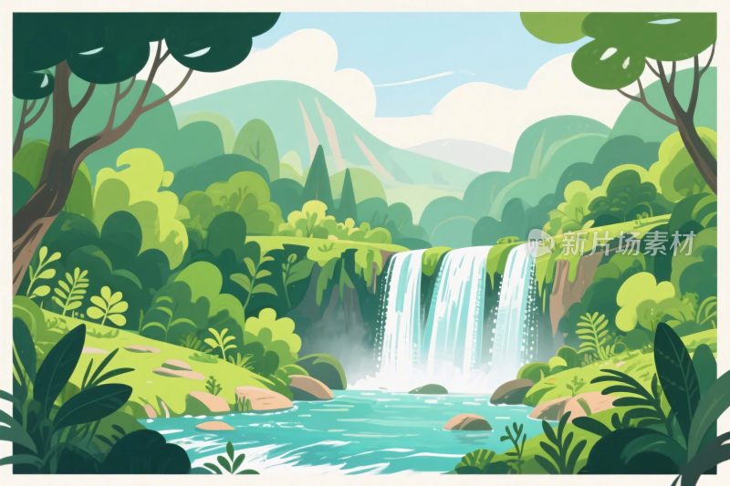 森林瀑布自然插画