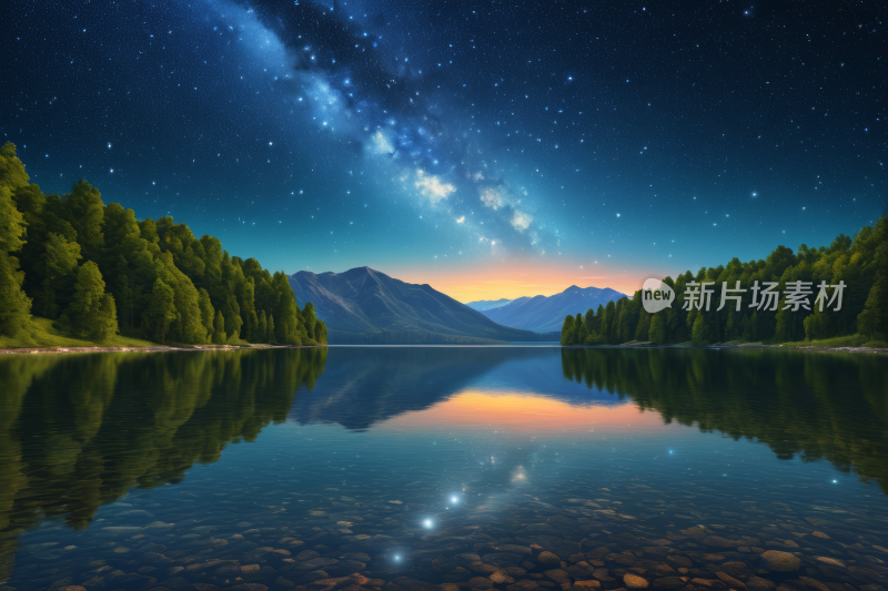 星空夜空笼罩着树木和岩石的湖泊高清图片