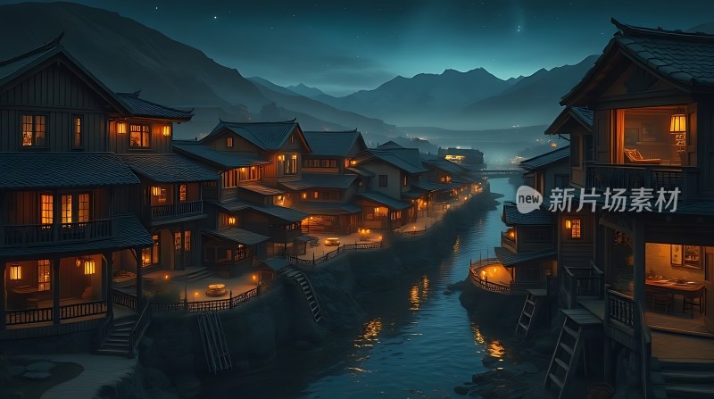 古村夜色灯火阑珊映水乡