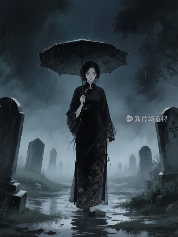 雨夜旗袍女子漫步墓地