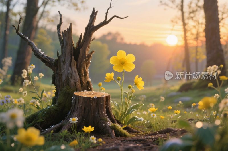森林夕阳树桩野花
