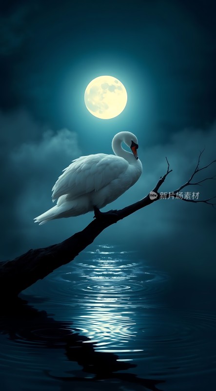 月下白鹅静卧枝头