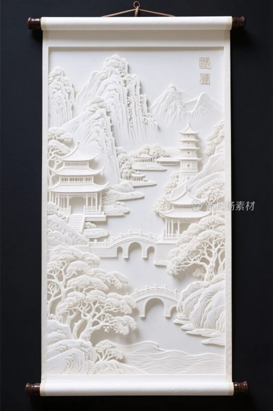 中式浮雕山水卷轴