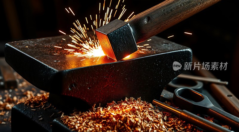 锻造火花四溅铁锤锻打金属