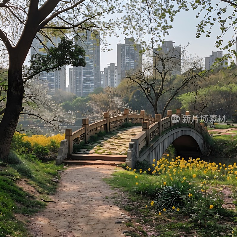 春日公园美景石桥、绿树与高楼背景
