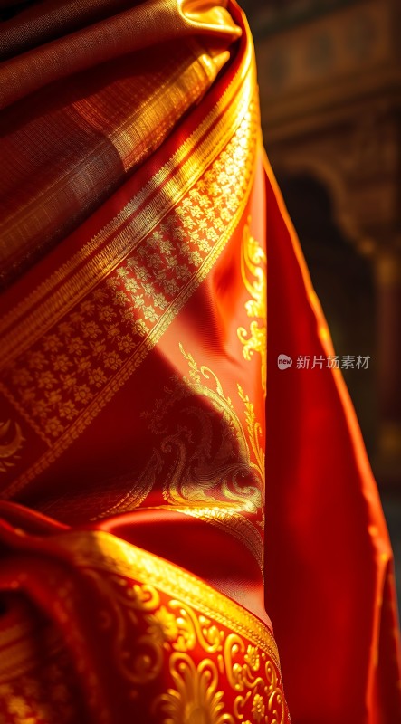红色绸缎上的金色花纹