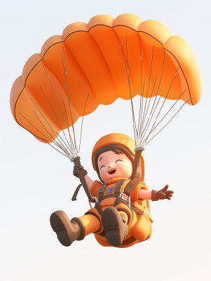 白色背景，一个男孩正在进行滑翔伞运动