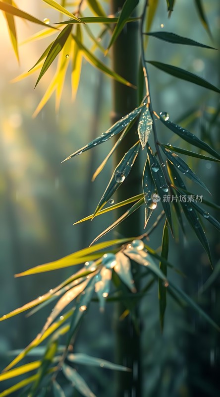 阳光下的竹叶上的露珠