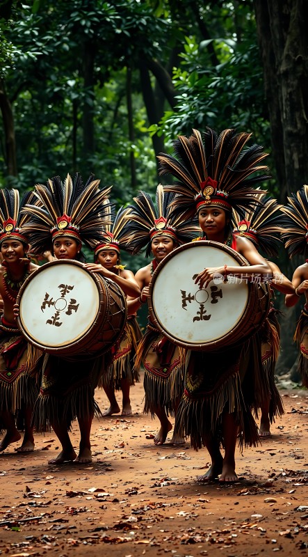 羽毛头饰与鼓手们共舞的自然之韵