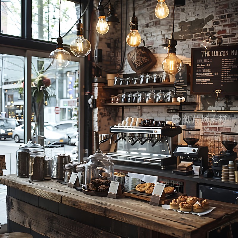 复古咖啡店温馨一角木质吧台上的甜点和咖啡机砖墙背景与悬挂灯泡营造氛围