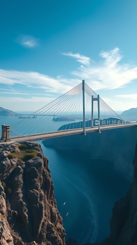 蓝天下的壮观悬索桥连接着山与海的美景
